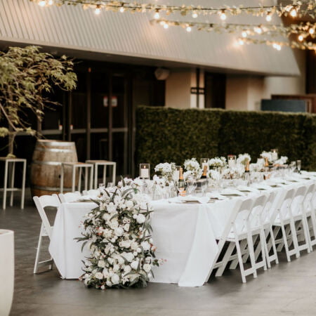 a long table set for a party